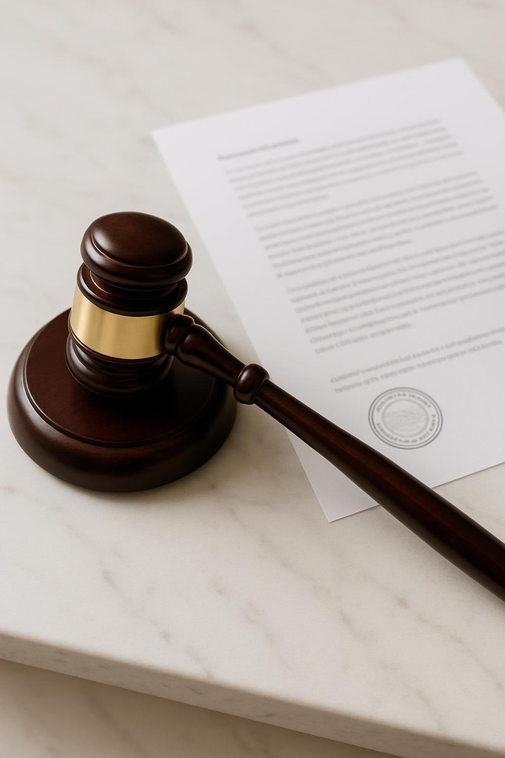 Gavel and paper with text.