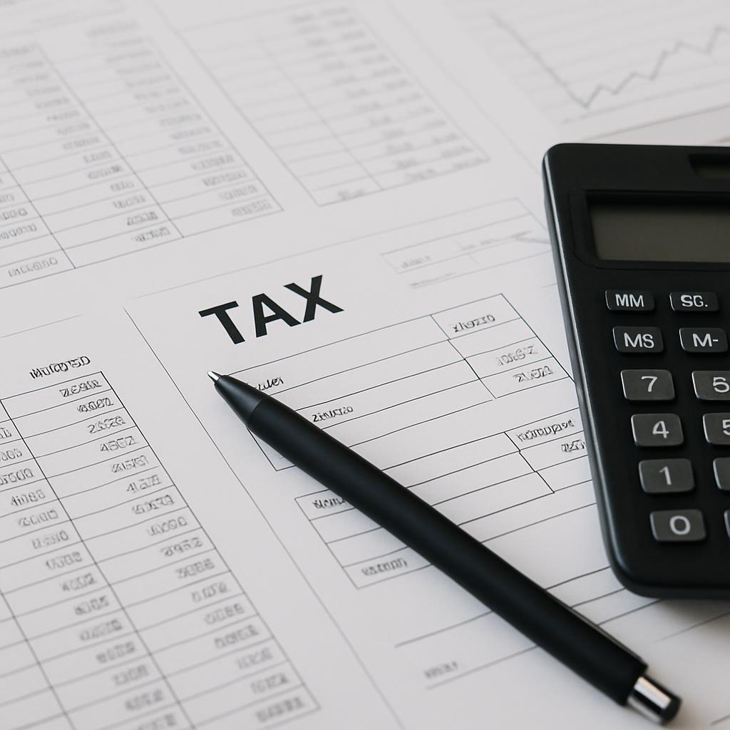 A tax document with a calculator and pen.